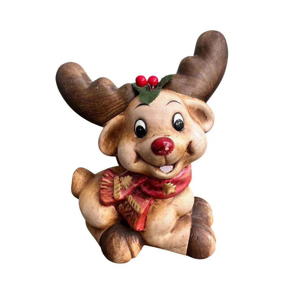 Vintage Red Nose Reindeer Christmas Planter Pot w/Mistletoe Kitsch Holiday Decor